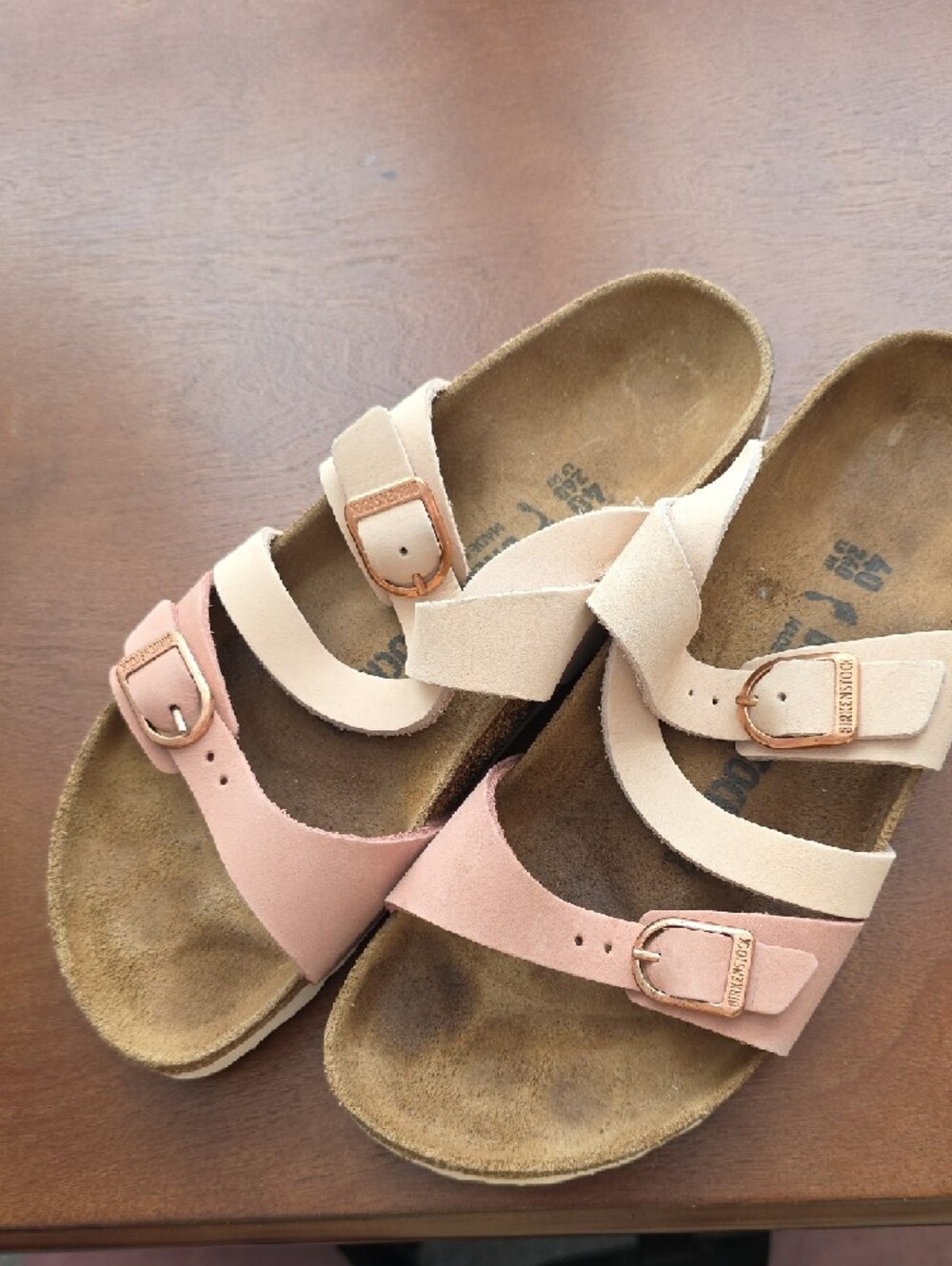 Birkenstock Two-Tone Pink and Cream Suede Sandals with Rose Gold Buckles - Picture 3 of 6
